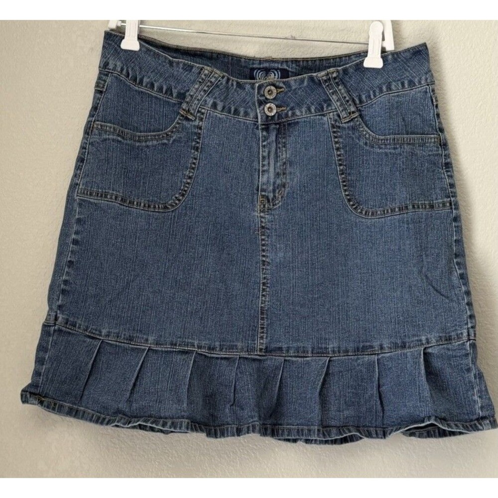 Vintage Angels Jeans Denim Skirt Size 16 Pleated Ruffle Hem Y2K Medium Wash Mini
